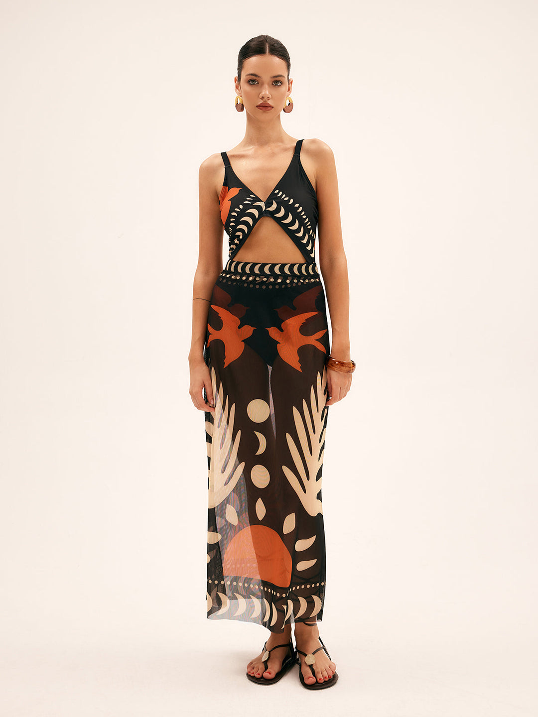 Sabina | Women's Bird Print Mesh Cover Up Maxi Skirt