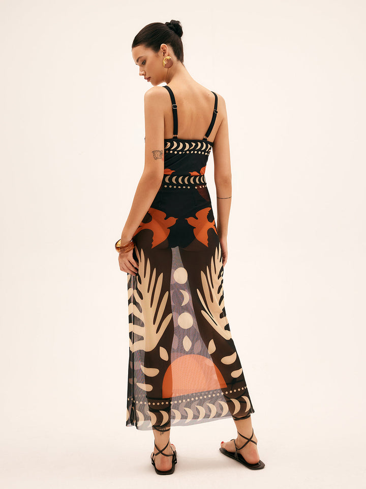 Sabina | Women's Bird Print Mesh Cover Up Maxi Skirt