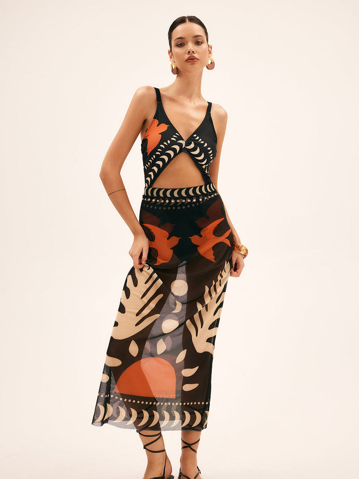 Sabina | Women's Bird Print Mesh Cover Up Maxi Skirt
