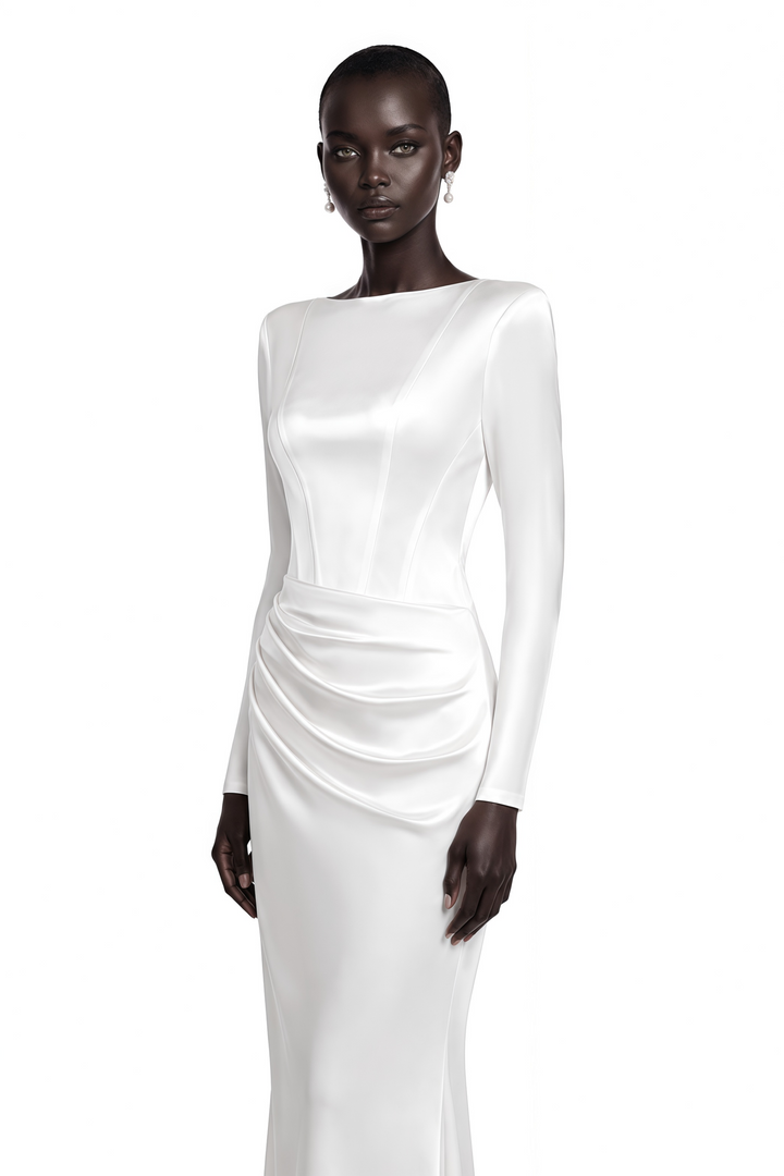 Kathy | Women's Belisent White Long Sleeve Ruched Maxi Dress
