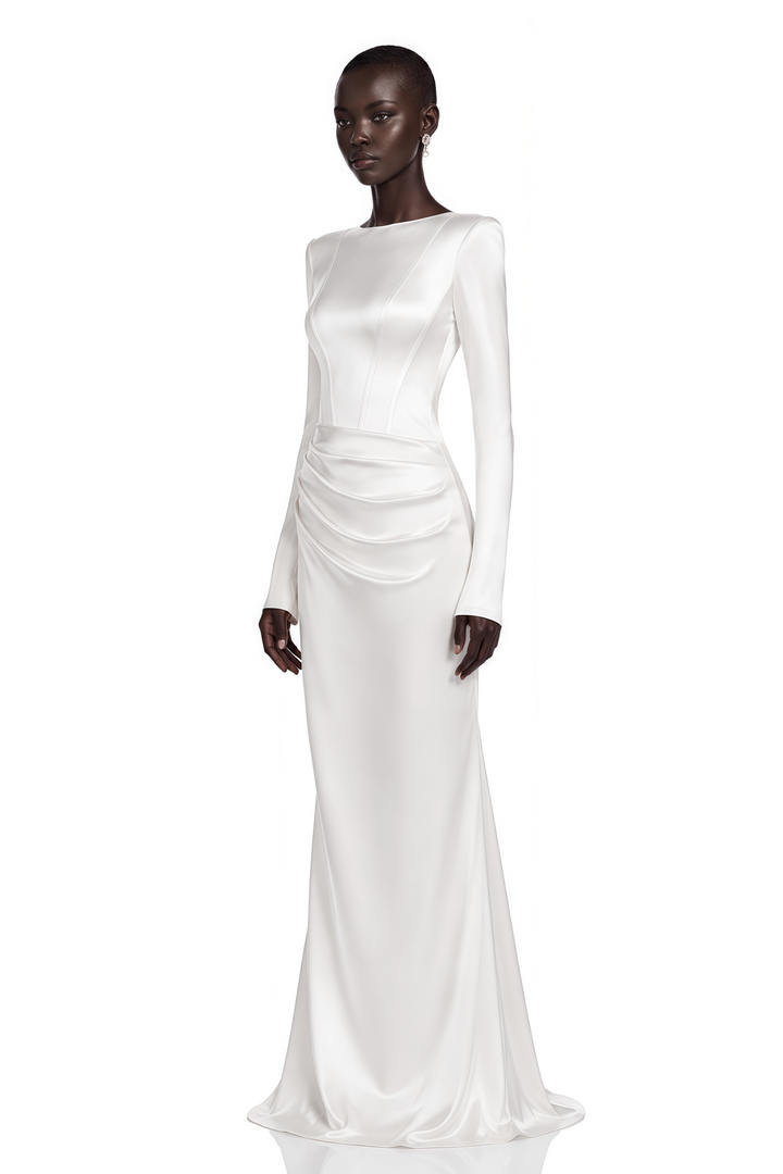 Kathy | Women's Belisent White Long Sleeve Ruched Maxi Dress