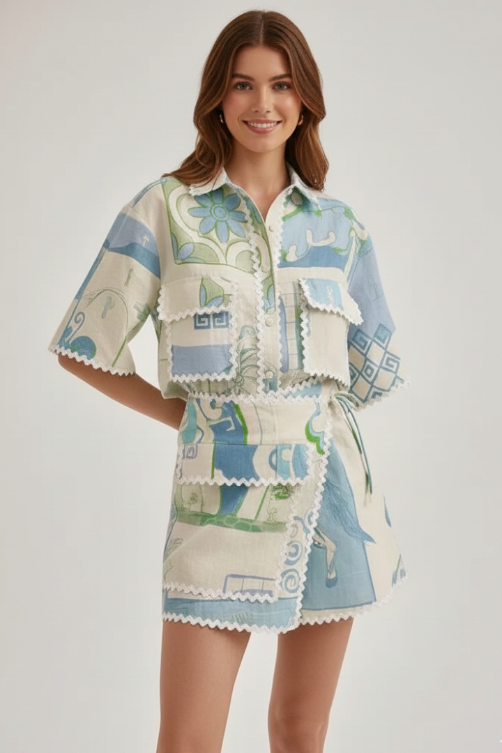 Laetitia | Women's Two-Piece Set with Patchwork Top and Adjustable Shorts