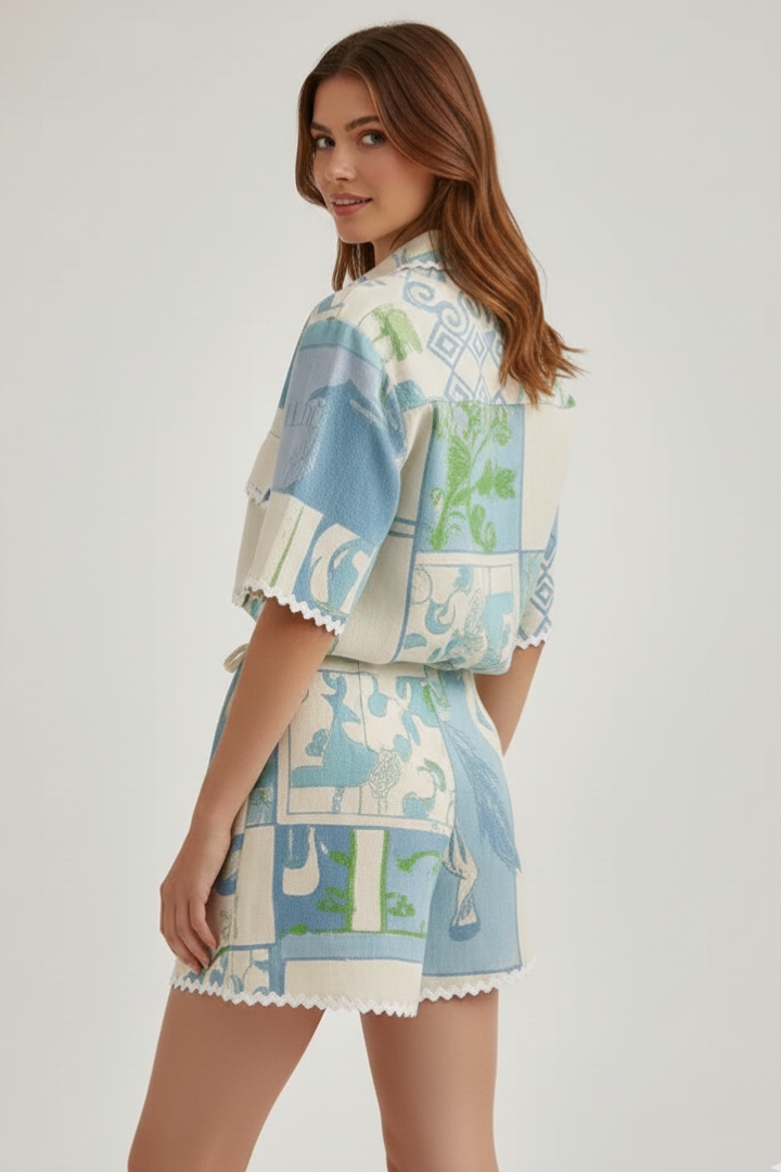 Laetitia | Women's Two-Piece Set with Patchwork Top and Adjustable Shorts