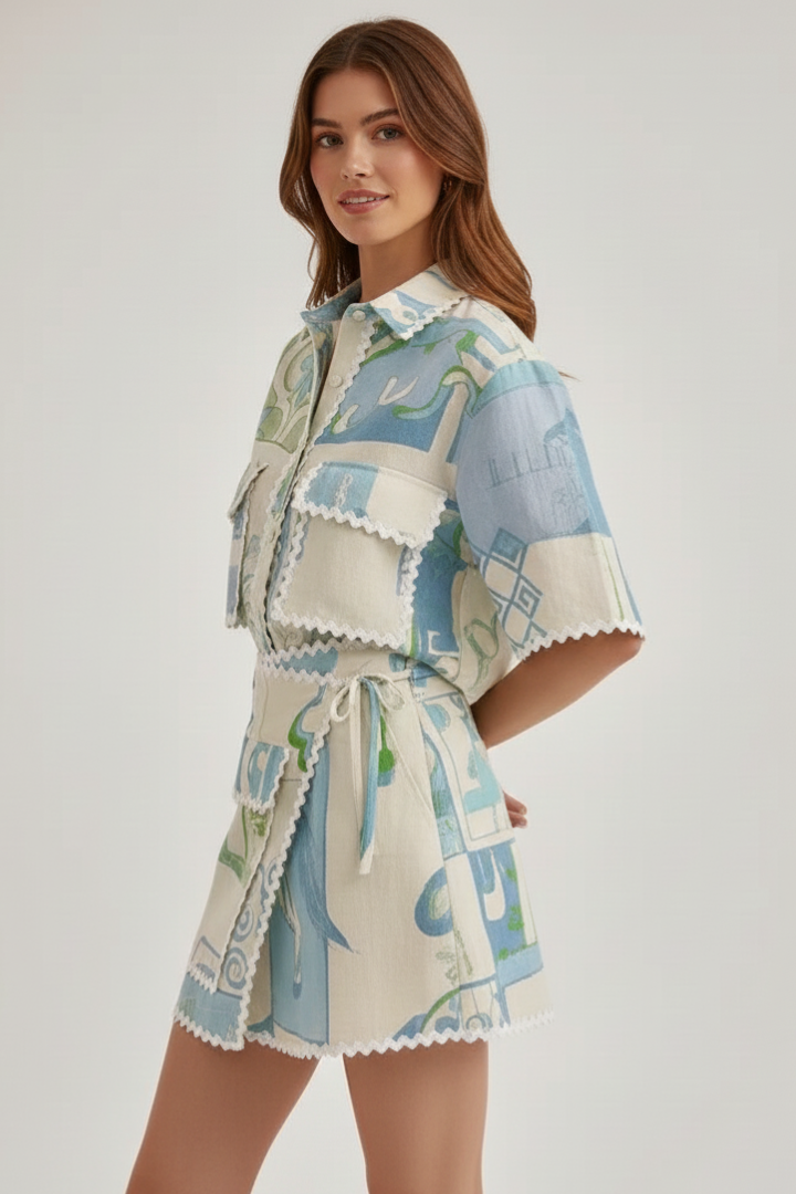 Laetitia | Women's Two-Piece Set with Patchwork Top and Adjustable Shorts