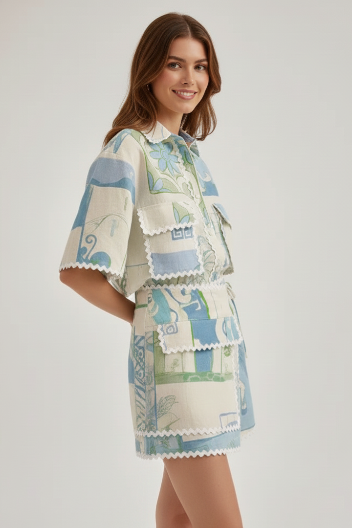 Laetitia | Women's Two-Piece Set with Patchwork Top and Adjustable Shorts