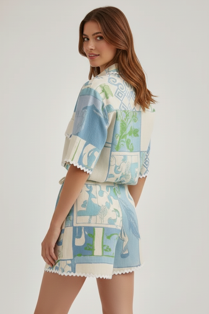 Laetitia | Women's Two-Piece Set with Patchwork Top and Adjustable Shorts