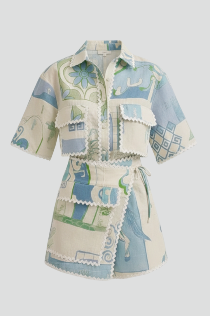 Laetitia | Women's Two-Piece Set with Patchwork Top and Adjustable Shorts