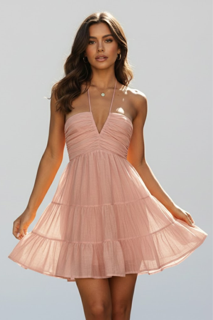 Mina | Women's Halter Mini Dress with Tiered Ruffle Skirt