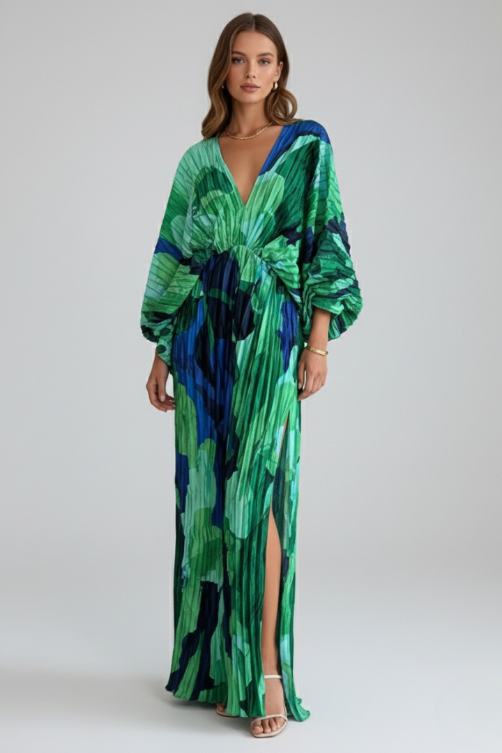 Maelys | Women's Long Dress with V-Neckline and Pleated Finish