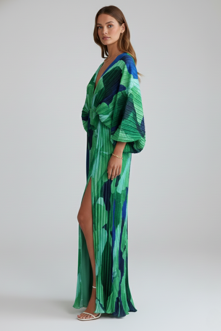 Maelys | Women's Long Dress with V-Neckline and Pleated Finish