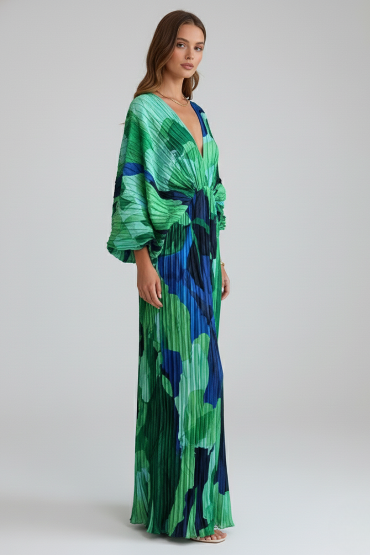 Maelys | Women's Long Dress with V-Neckline and Pleated Finish