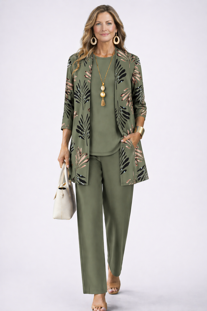 Iris | Women's Printed 3-Piece Trouser Set with Longline Cardigan