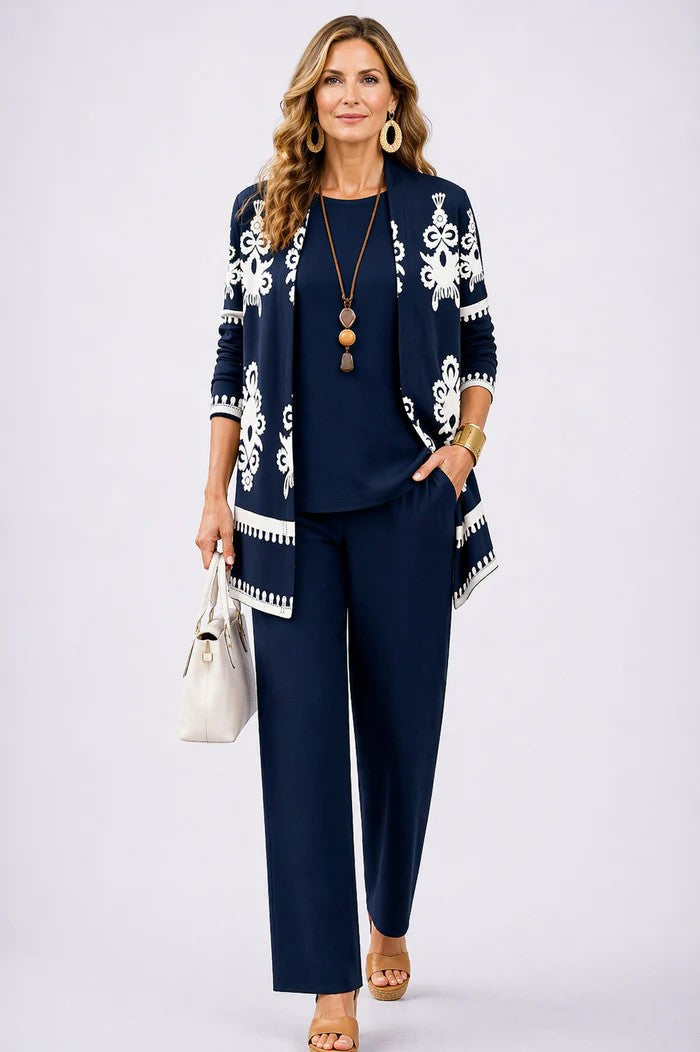 Iris | Women's Printed 3-Piece Trouser Set with Longline Cardigan