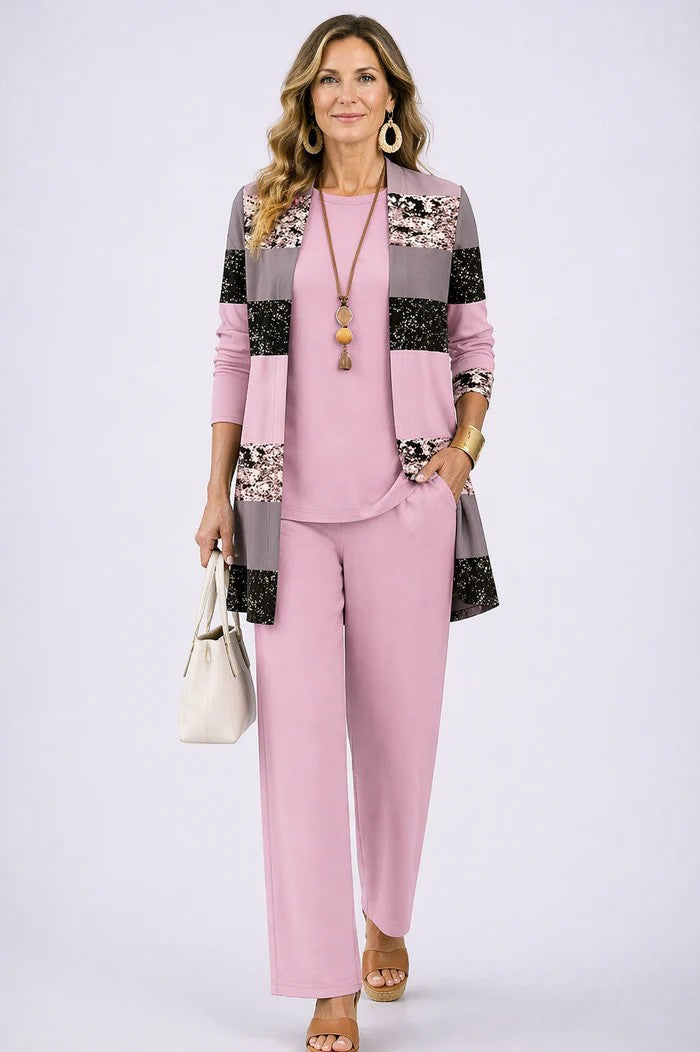 Iris | Women's Printed 3-Piece Trouser Set with Longline Cardigan