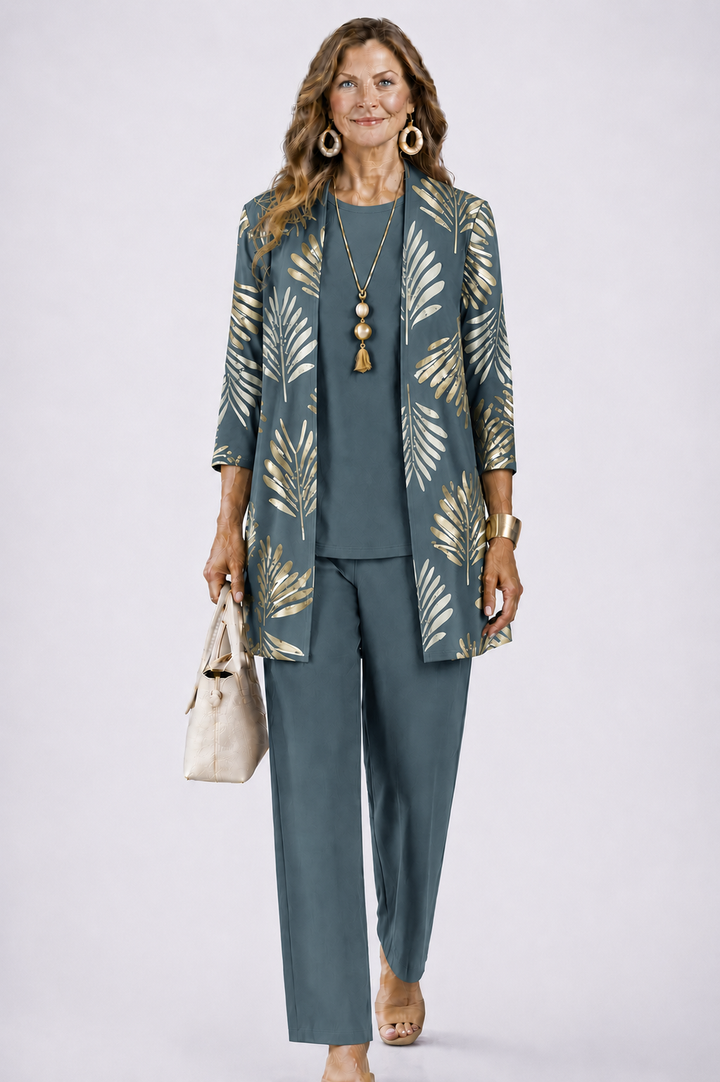 Iris | Women's Printed 3-Piece Trouser Set with Longline Cardigan