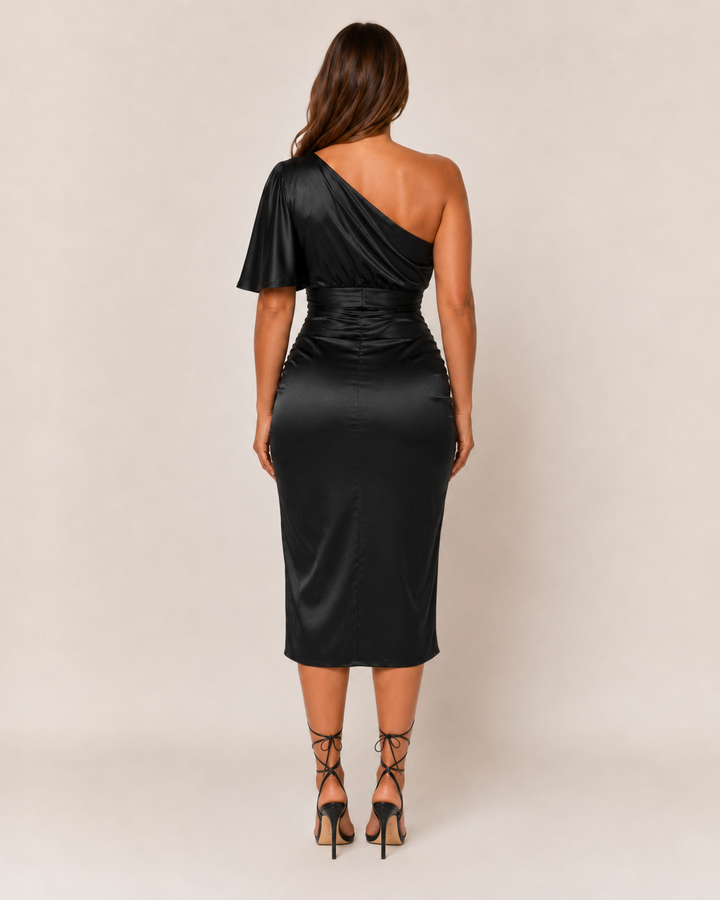 Tatiana | Women's One-Shoulder Cocktail Midi Dress with Draped Bodice and Side Split - image 7