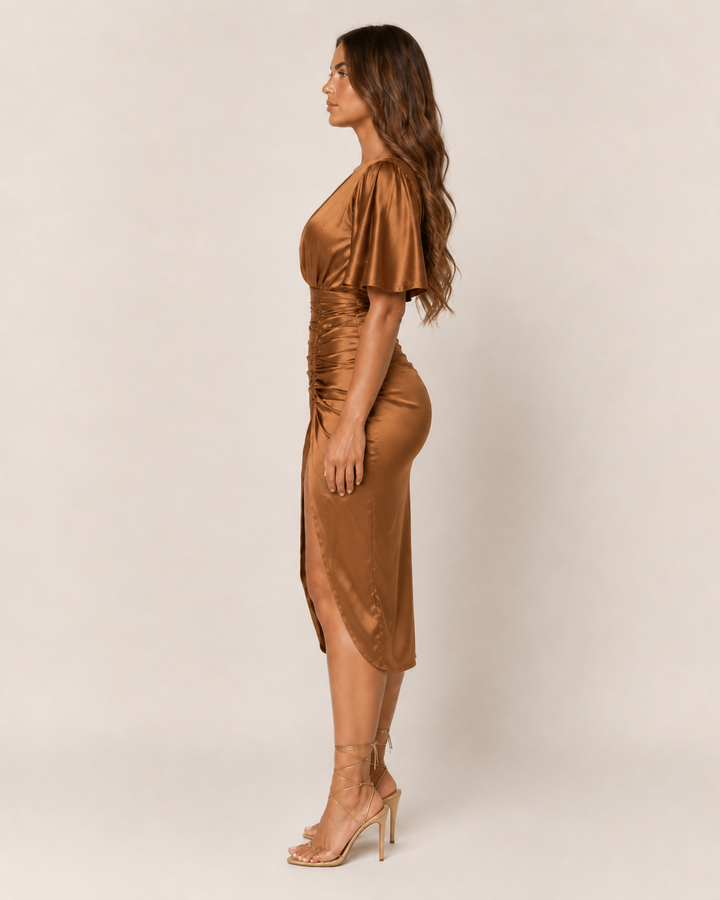 Tatiana | Women's One-Shoulder Cocktail Midi Dress with Draped Bodice and Side Split - image 9