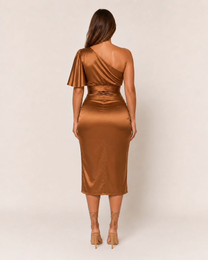 Tatiana | Women's One-Shoulder Cocktail Midi Dress with Draped Bodice and Side Split - image 10