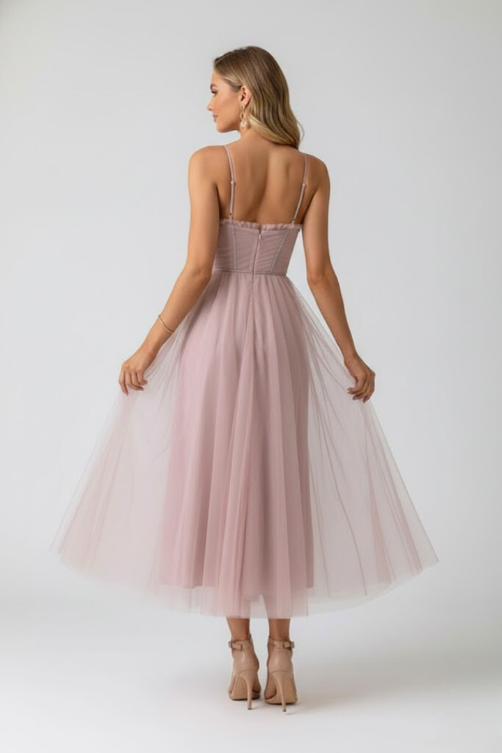 Euphrosyne | Women's Sweetheart Midi Dress with Corset Bodice and Tulle Skirt - image 5