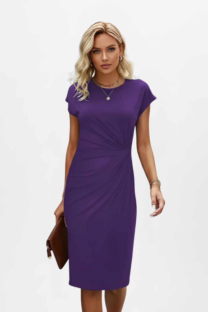 Adeline | Women's Knee-Length Dress with Round Neck and Ruched Waist