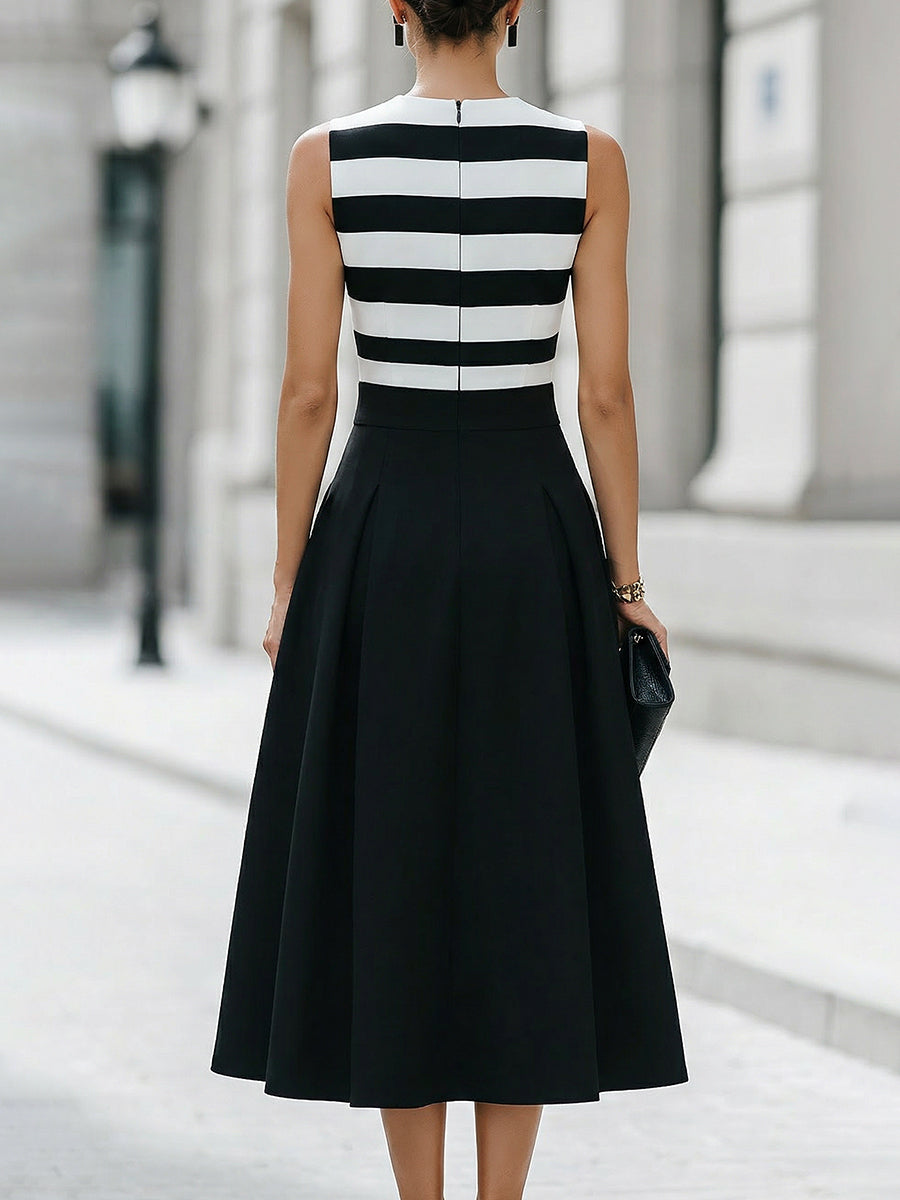 Rosemary | Women's Chic Striped Sleeveless A‑Line Midi Dress With Pockets