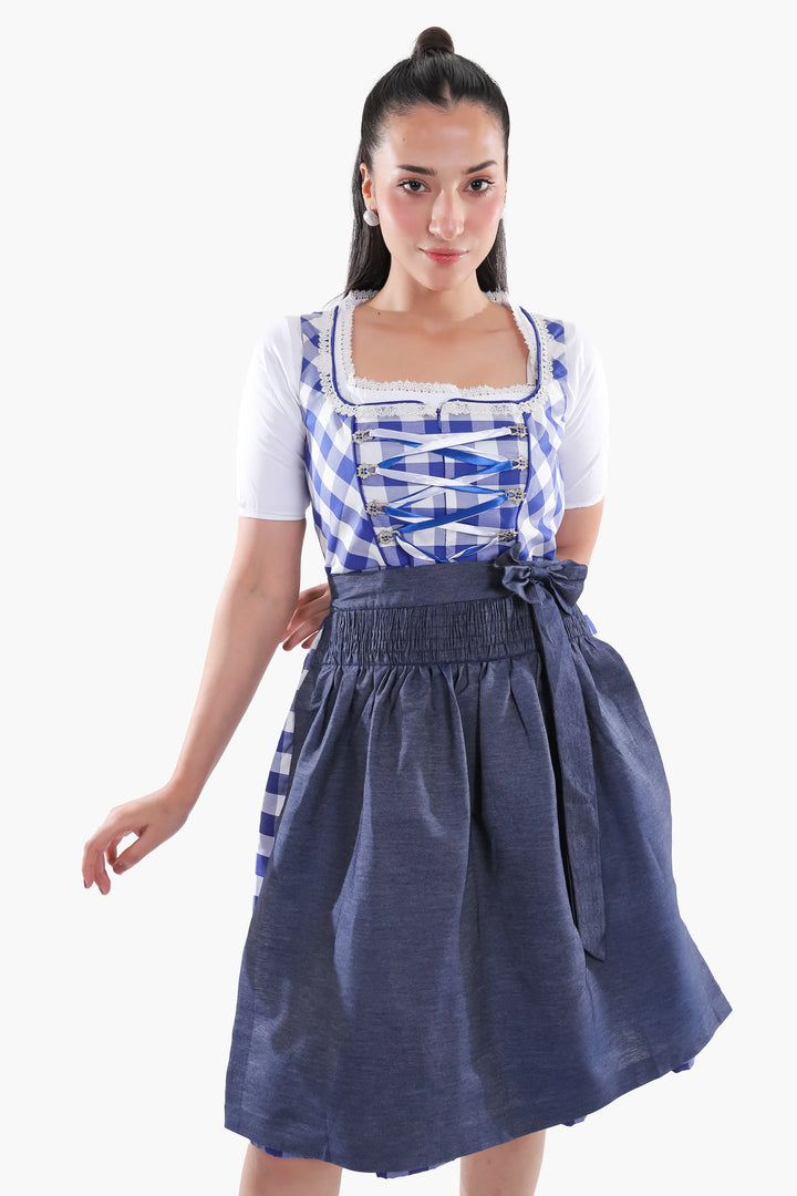 Gertraud | Women's Blue Gingham Oktoberfest Dirndl Midi Dress with Denim Apron - image 2