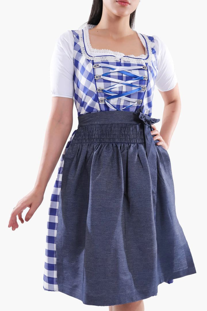 Gertraud | Women's Blue Gingham Oktoberfest Dirndl Midi Dress with Denim Apron - image 3