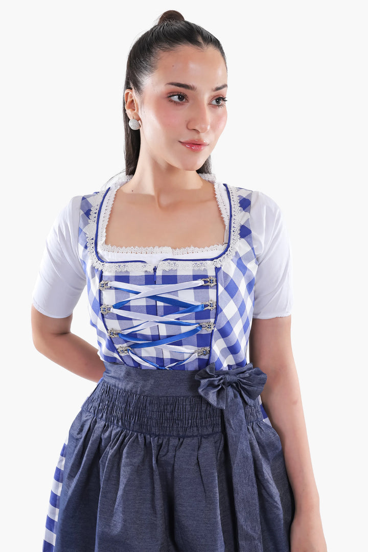 Gertraud | Women's Blue Gingham Oktoberfest Dirndl Midi Dress with Denim Apron - image 4