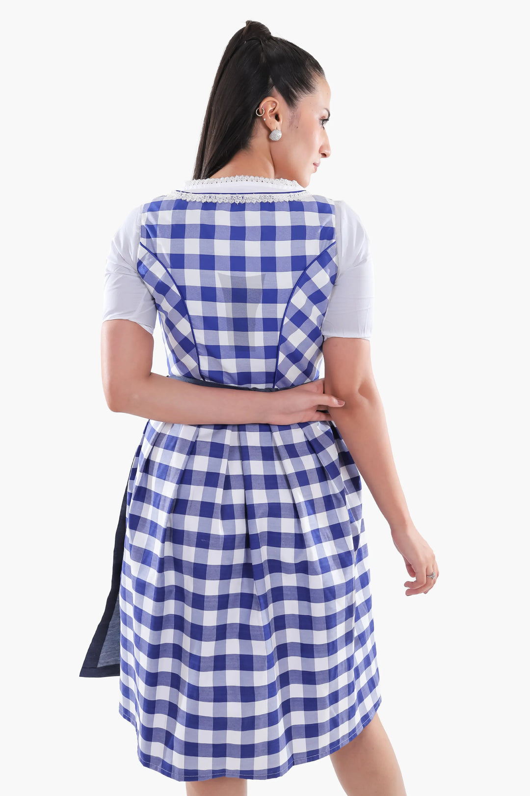 Gertraud | Women's Blue Gingham Oktoberfest Dirndl Midi Dress with Denim Apron - image 5