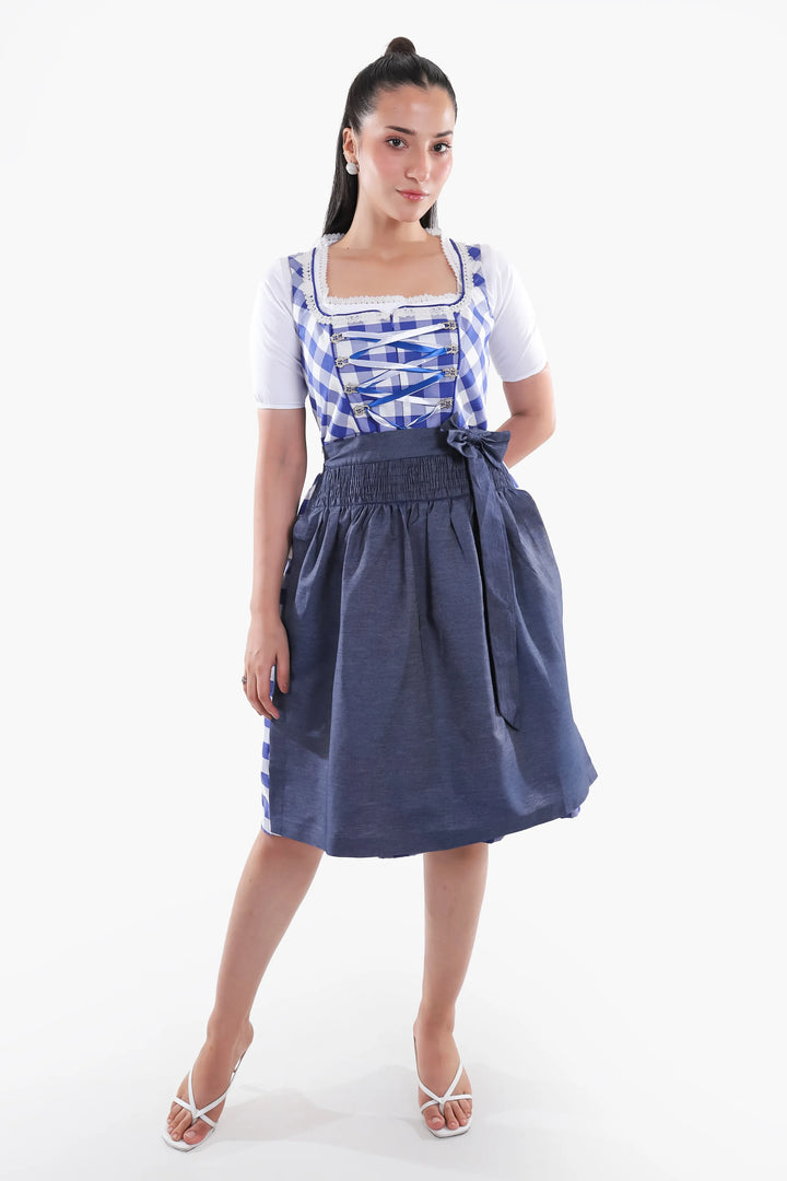 Gertraud | Women's Blue Gingham Oktoberfest Dirndl Midi Dress with Denim Apron - image 1