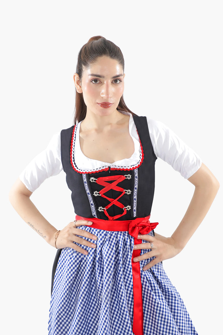 Liesl | Women's Oktoberfest Dirndl Midi Dress with Blue Check Skirt and Contrast Apron - image 4
