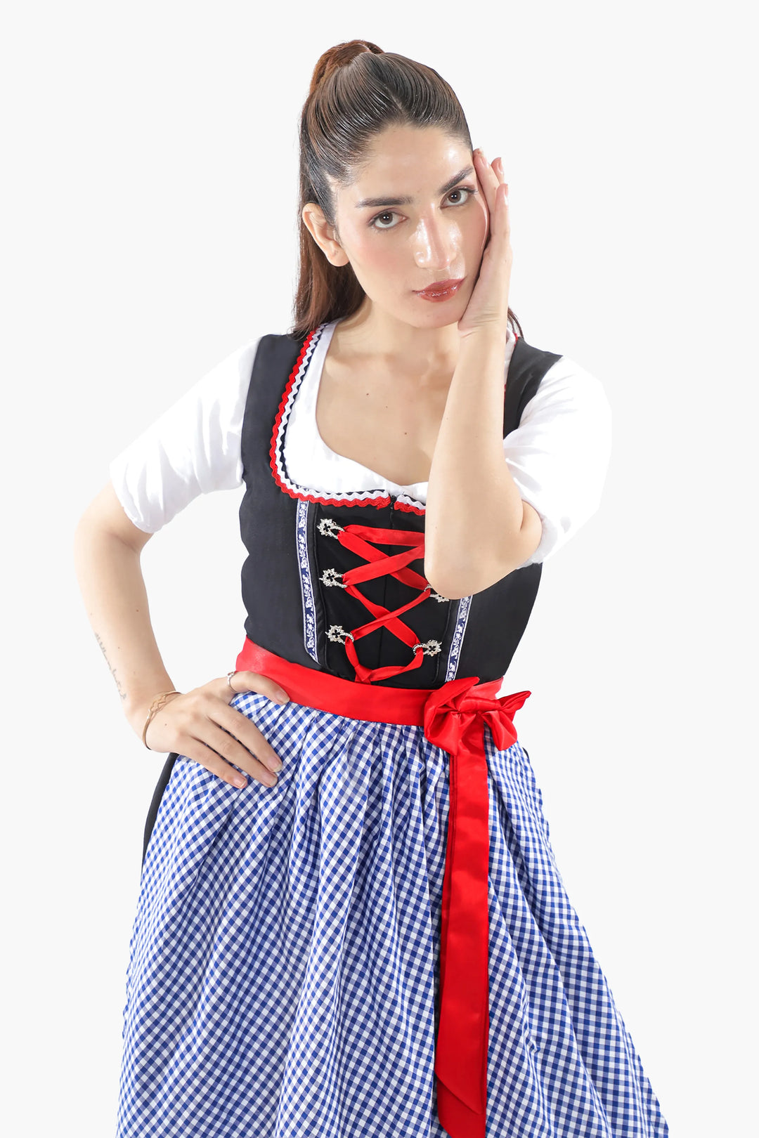 Liesl | Women's Oktoberfest Dirndl Midi Dress with Blue Check Skirt and Contrast Apron - image 3