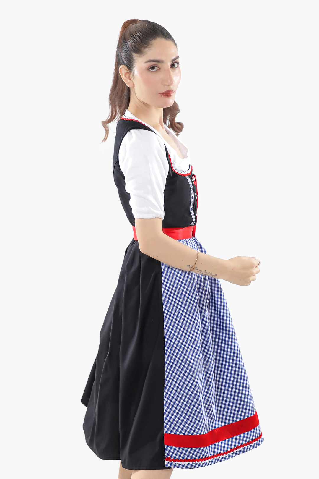 Liesl | Women's Oktoberfest Dirndl Midi Dress with Blue Check Skirt and Contrast Apron - image 6