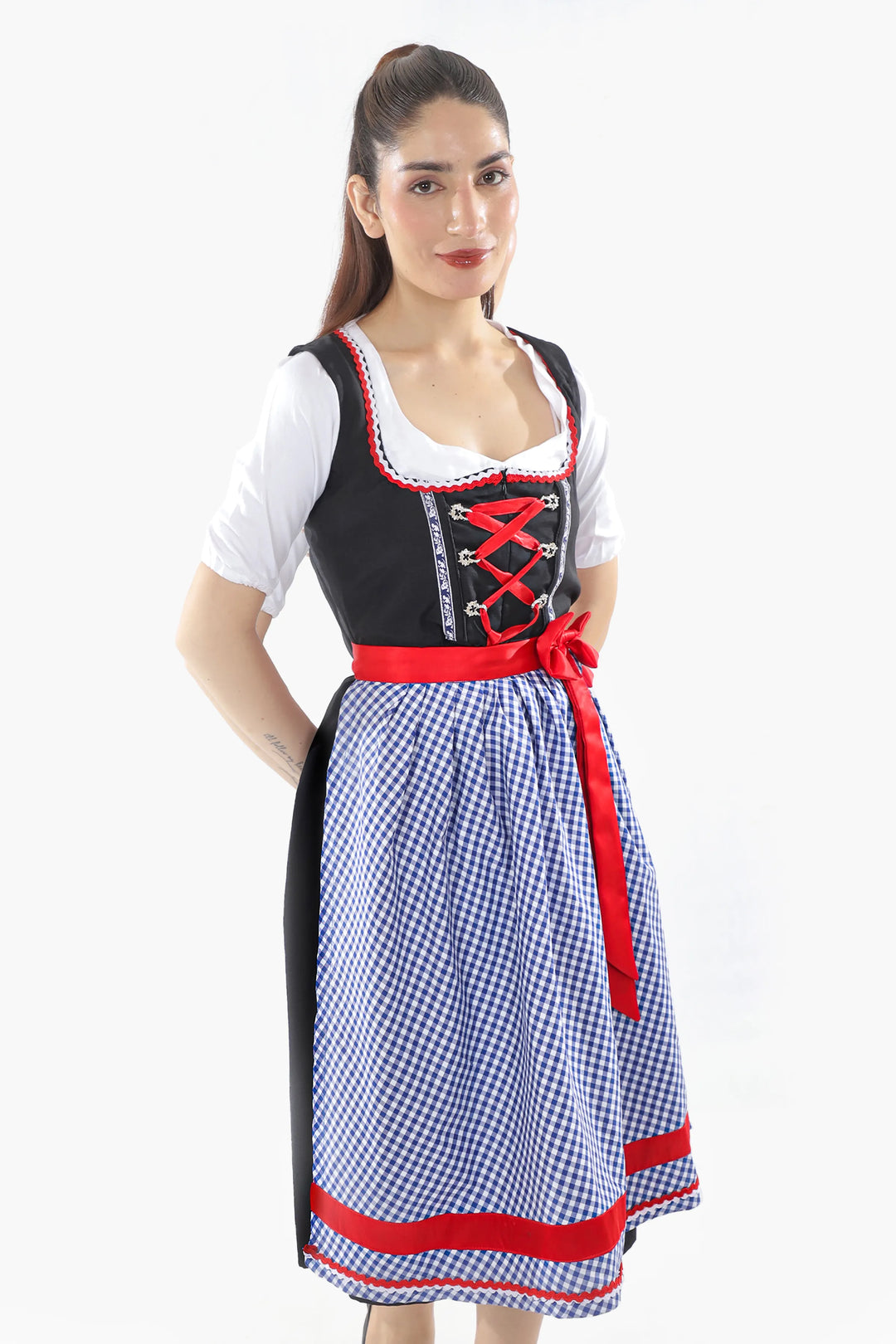 Liesl | Women's Oktoberfest Dirndl Midi Dress with Blue Check Skirt and Contrast Apron - image 2