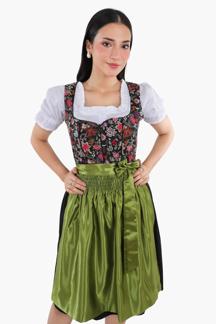 Johanna | Women's Oktoberfest Dirndl Midi Dress with Floral Bodice and Olive Satin Apron - image 2