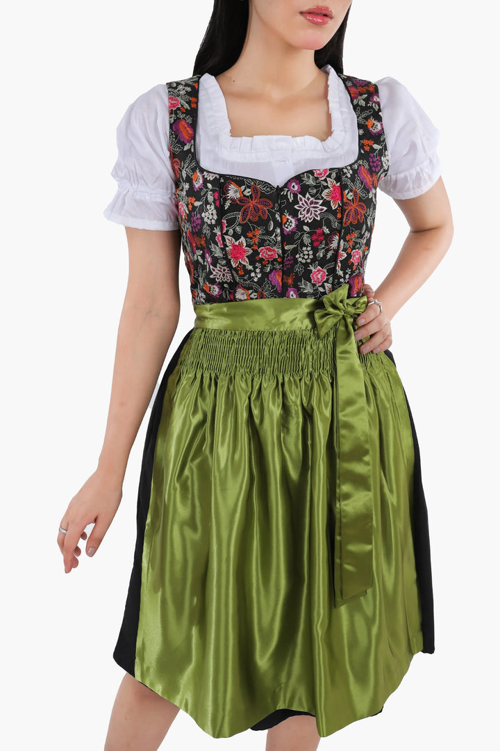 Johanna | Women's Oktoberfest Dirndl Midi Dress with Floral Bodice and Olive Satin Apron - image 3