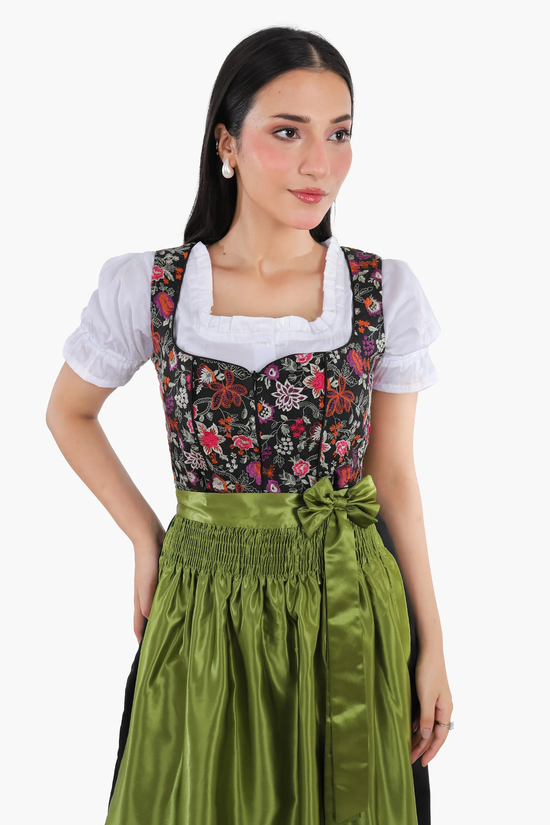 Johanna | Women's Oktoberfest Dirndl Midi Dress with Floral Bodice and Olive Satin Apron - image 4