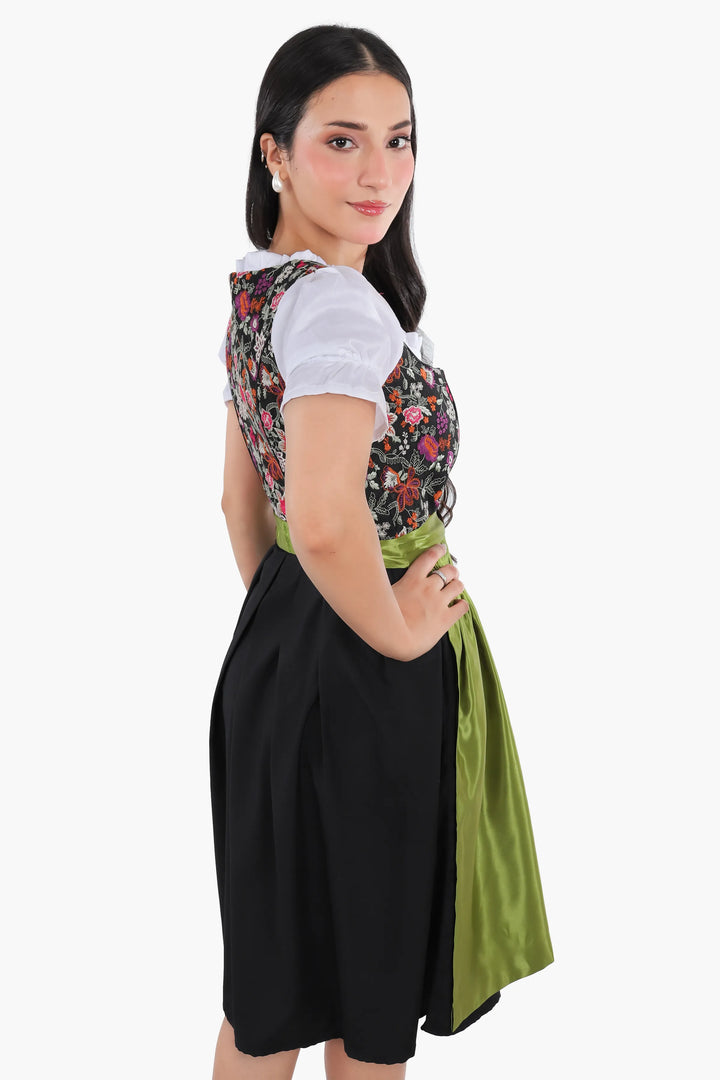 Johanna | Women's Oktoberfest Dirndl Midi Dress with Floral Bodice and Olive Satin Apron - image 5