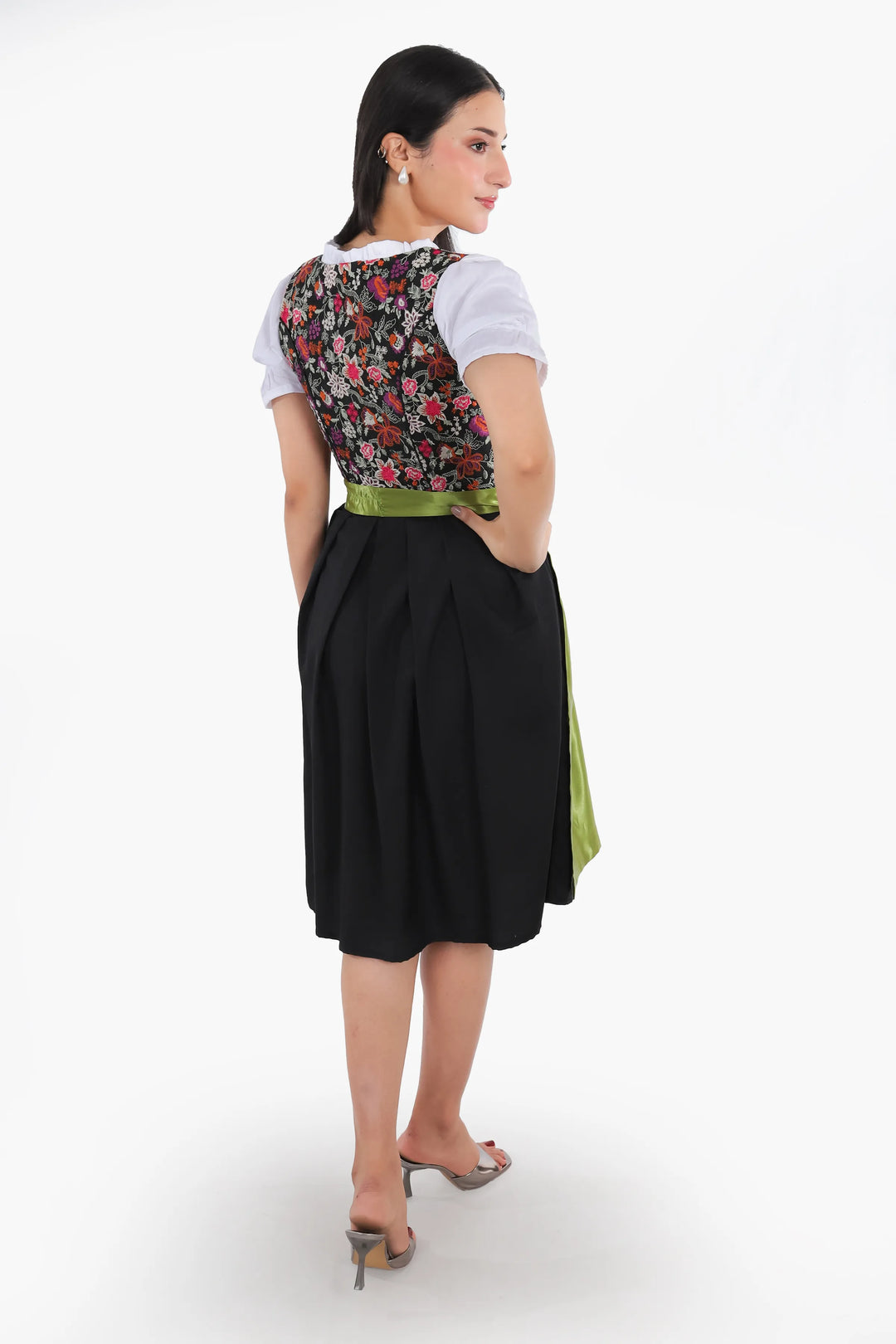 Johanna | Women's Oktoberfest Dirndl Midi Dress with Floral Bodice and Olive Satin Apron - image 6