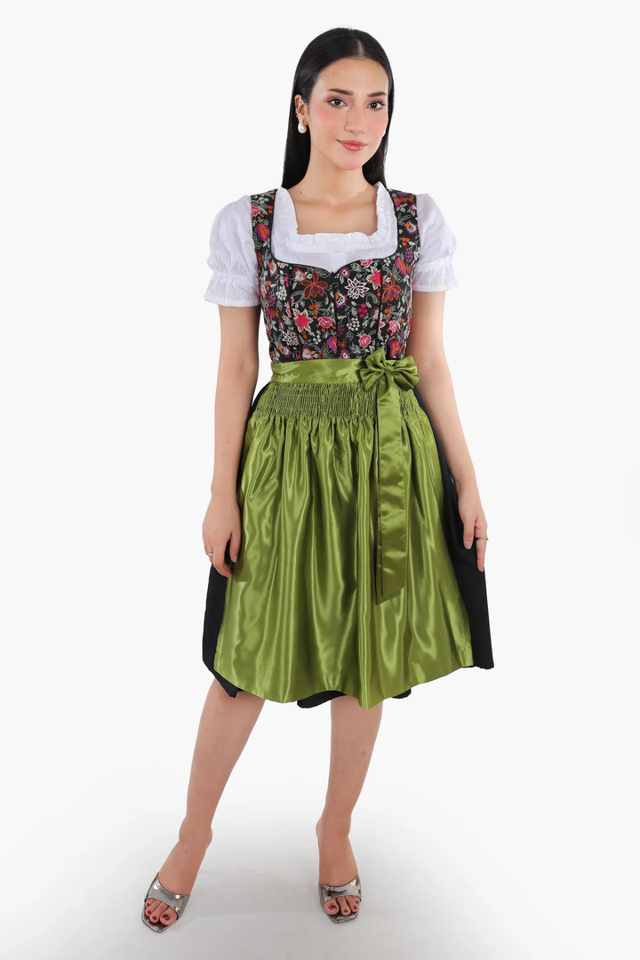 Johanna | Women's Oktoberfest Dirndl Midi Dress with Floral Bodice and Olive Satin Apron - image 1