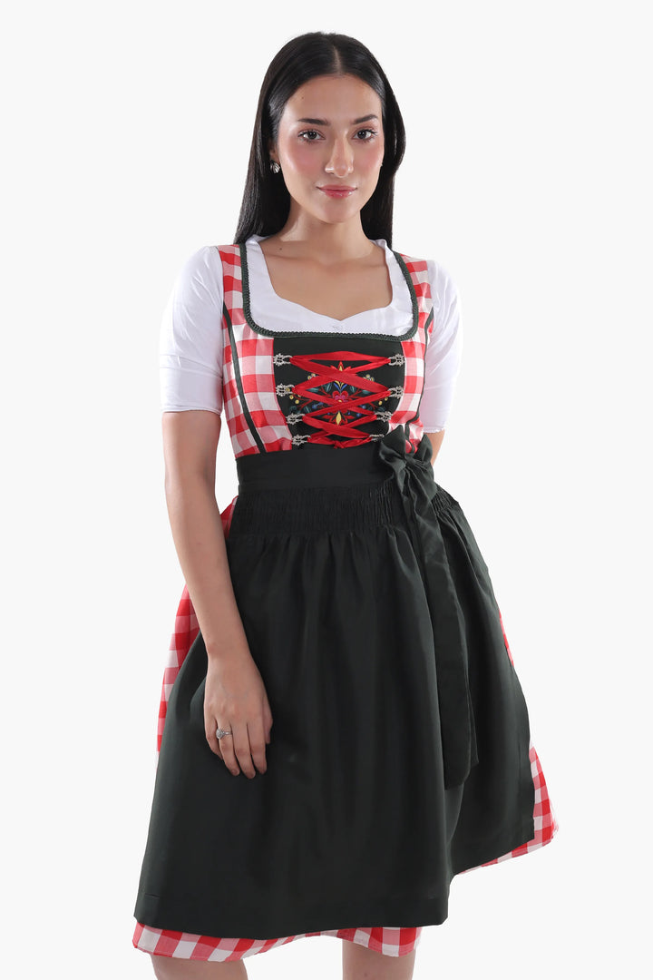 Annegret | Women's Oktoberfest Dirndl Midi Dress with Red Gingham Bodice and Check Apron - image 3
