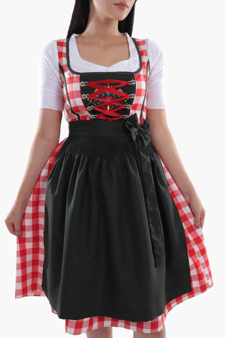 Annegret | Women's Oktoberfest Dirndl Midi Dress with Red Gingham Bodice and Check Apron - image 5