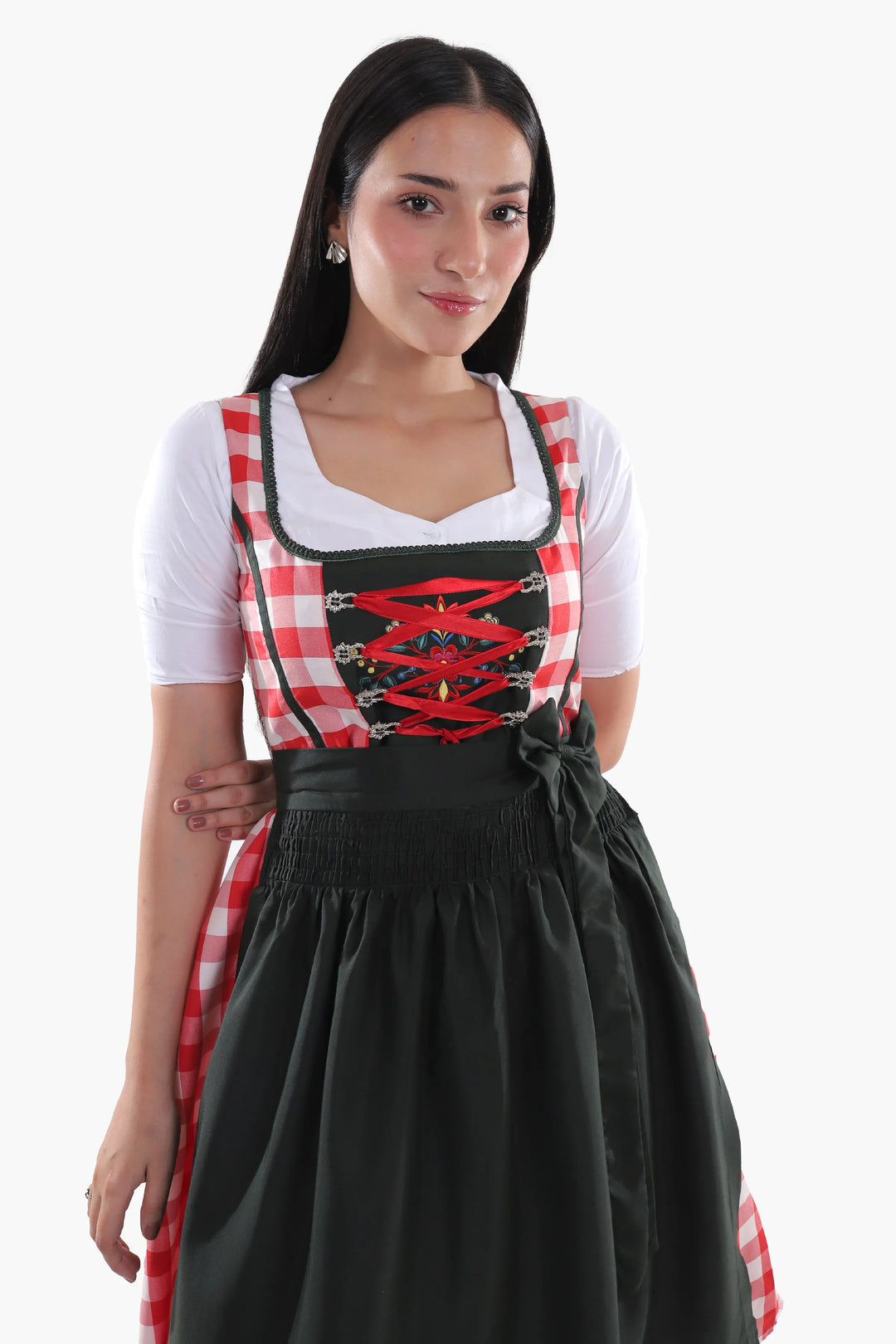 Annegret | Women's Oktoberfest Dirndl Midi Dress with Red Gingham Bodice and Check Apron - image 4