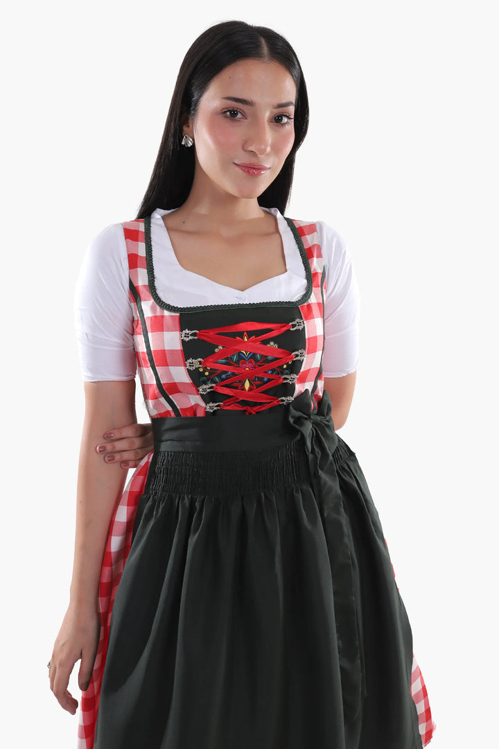 Annegret | Women's Oktoberfest Dirndl Midi Dress with Red Gingham Bodice and Check Apron - image 4
