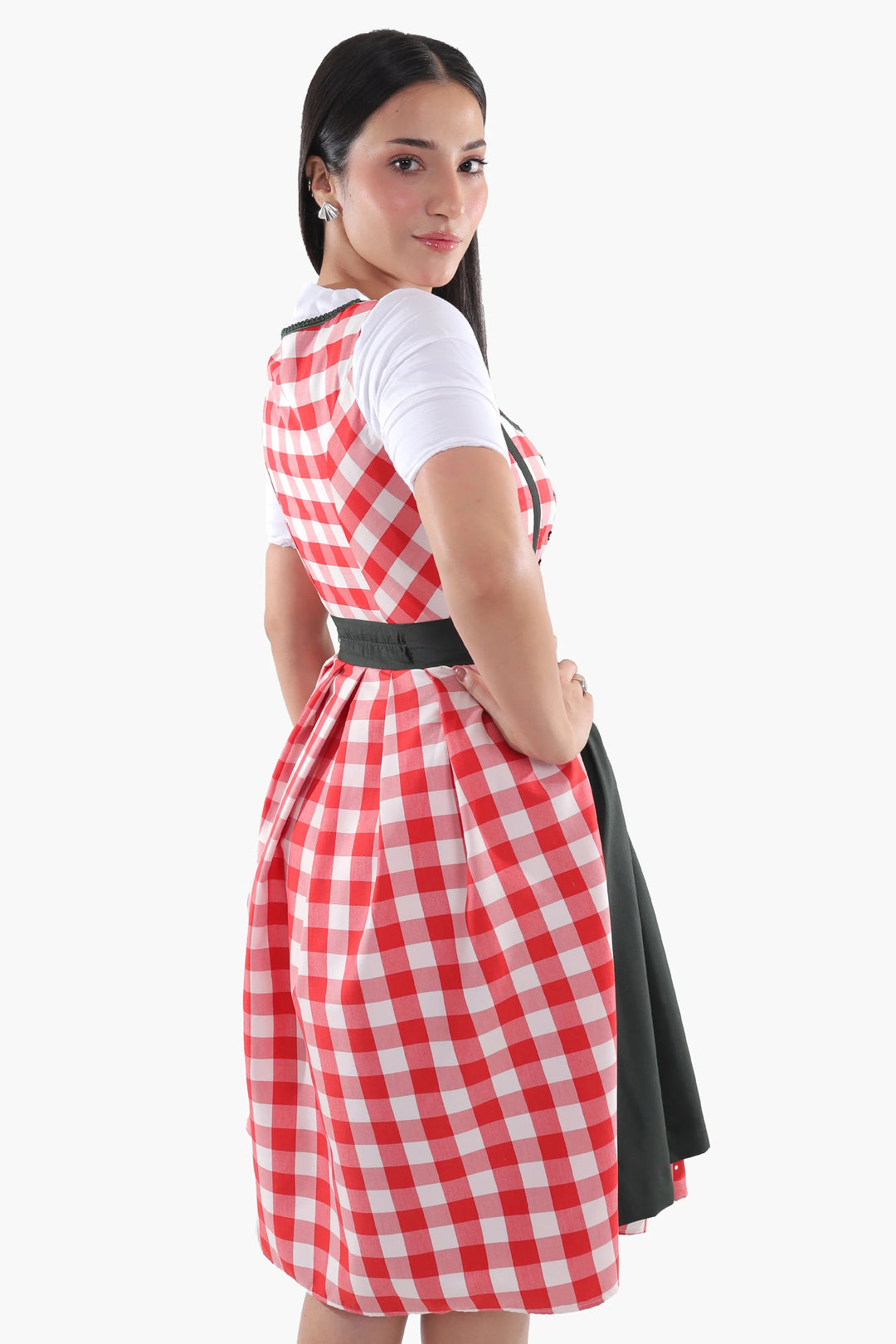 Annegret | Women's Oktoberfest Dirndl Midi Dress with Red Gingham Bodice and Check Apron - image 6