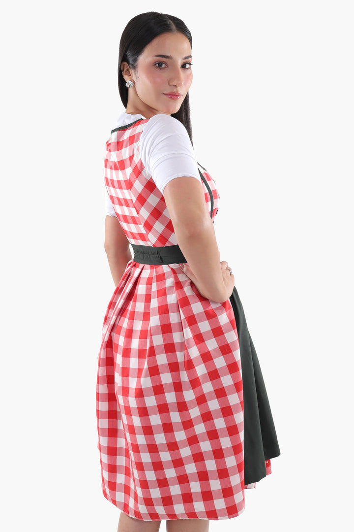 Annegret | Women's Oktoberfest Dirndl Midi Dress with Red Gingham Bodice and Check Apron - image 6
