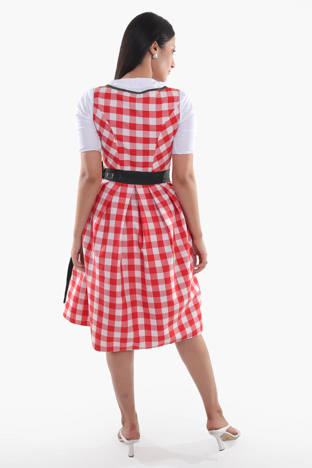 Annegret | Women's Oktoberfest Dirndl Midi Dress with Red Gingham Bodice and Check Apron - image 7