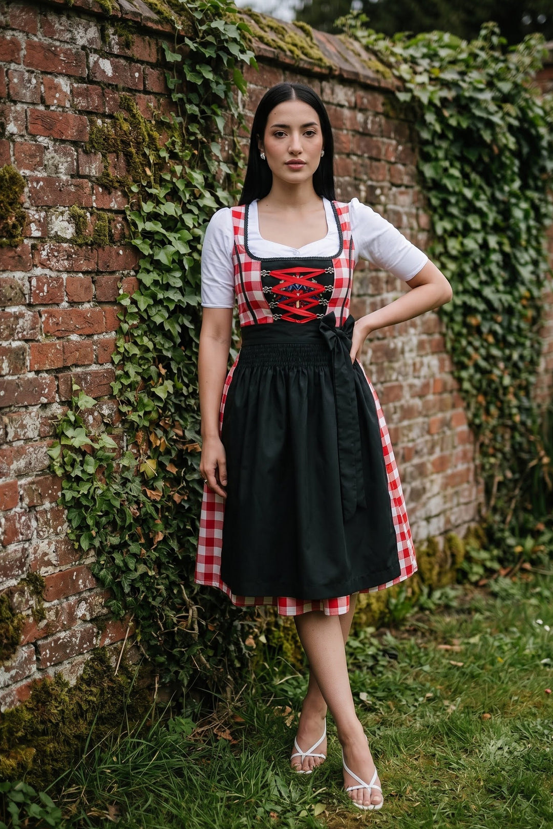 Annegret | Women's Oktoberfest Dirndl Midi Dress with Red Gingham Bodice and Check Apron - image 1