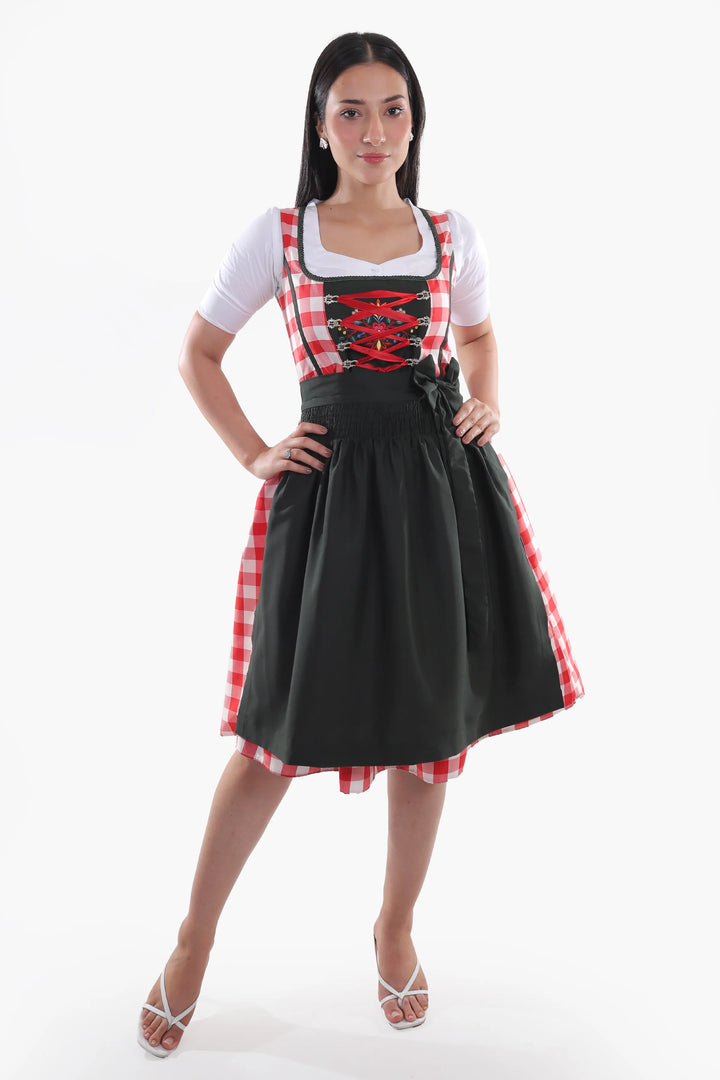 Annegret | Women's Oktoberfest Dirndl Midi Dress with Red Gingham Bodice and Check Apron - image 2