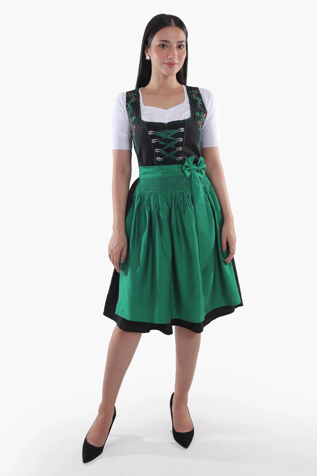 Kunigunde | Women's Oktoberfest Dirndl Midi Dress with Emerald Skirt and Embroidered Bodice - image 1